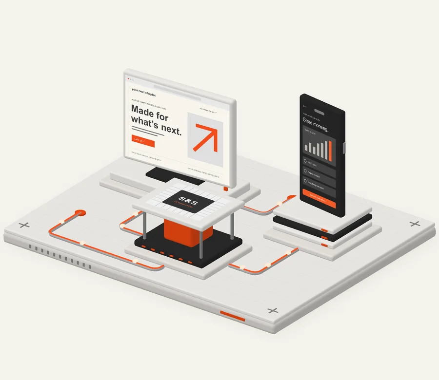 An architectural model of a website, an app, and an automation hub, joined by orange connection paths.